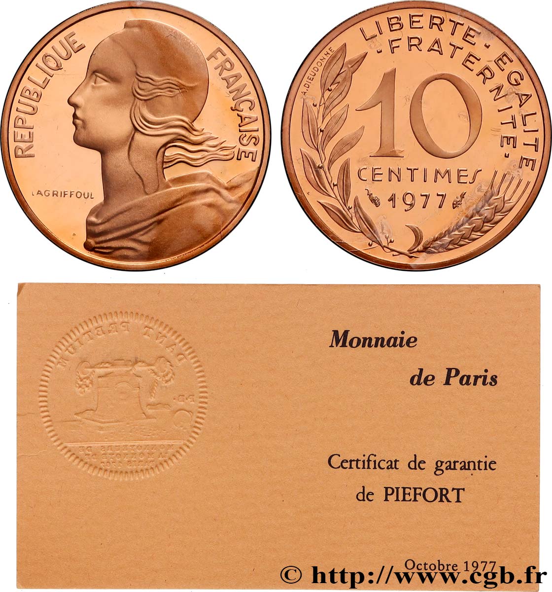 Piéfort en Or de 10 centimes Marianne 1977 Pessac GEM.46 P3 FDC 