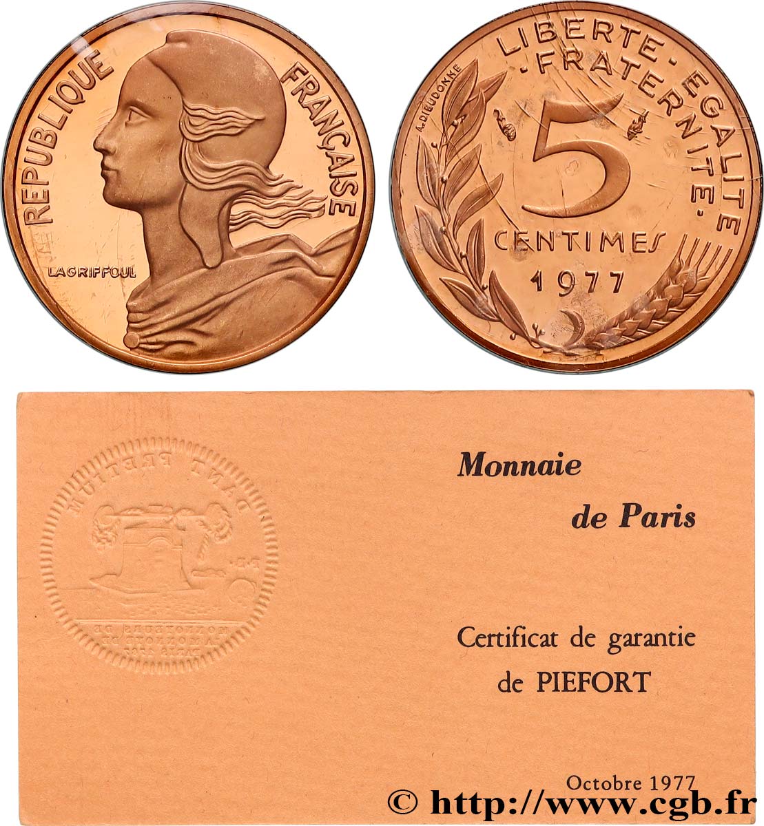 Piéfort en Or de 5 centimes Marianne 1977 Pessac GEM.22 P3 MS 