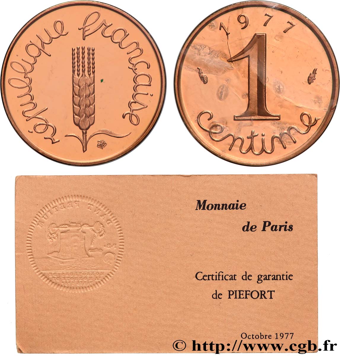 Piéfort en Or de 1 centime Épi 1977 Pessac GEM.4 P3 SPL+ 