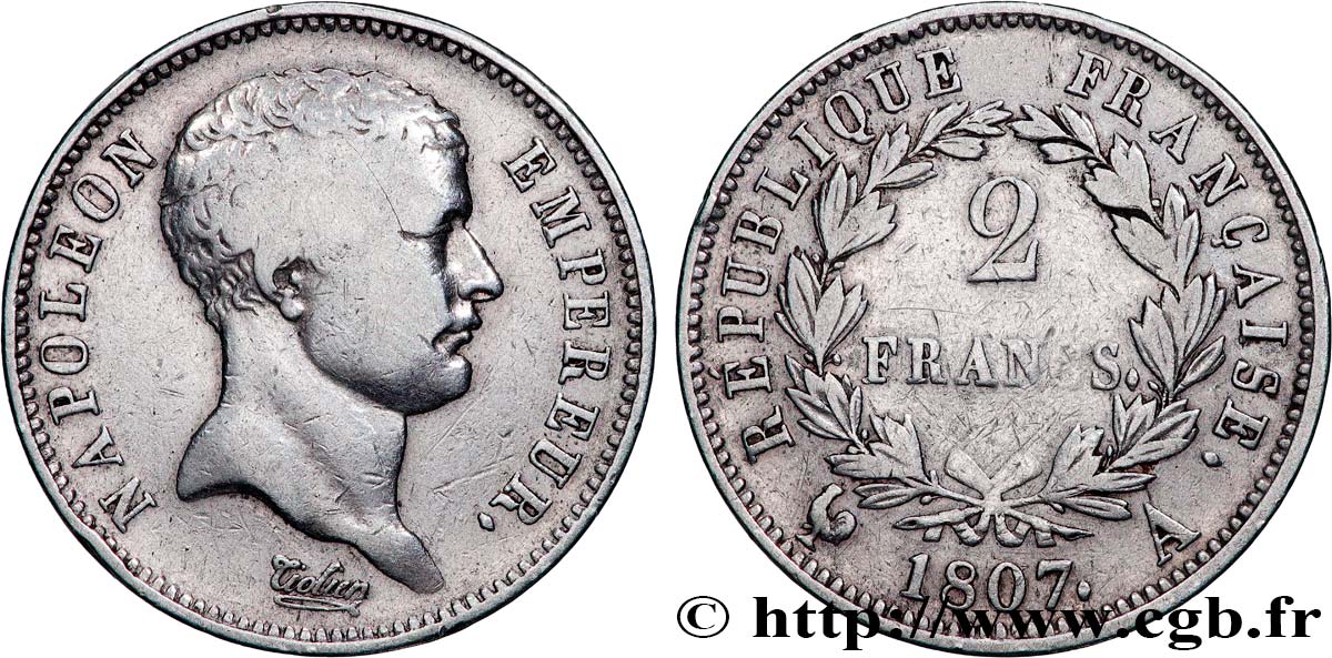 2 francs Napoléon Empereur, tête de nègre 1807 Paris F.253/1 MB 