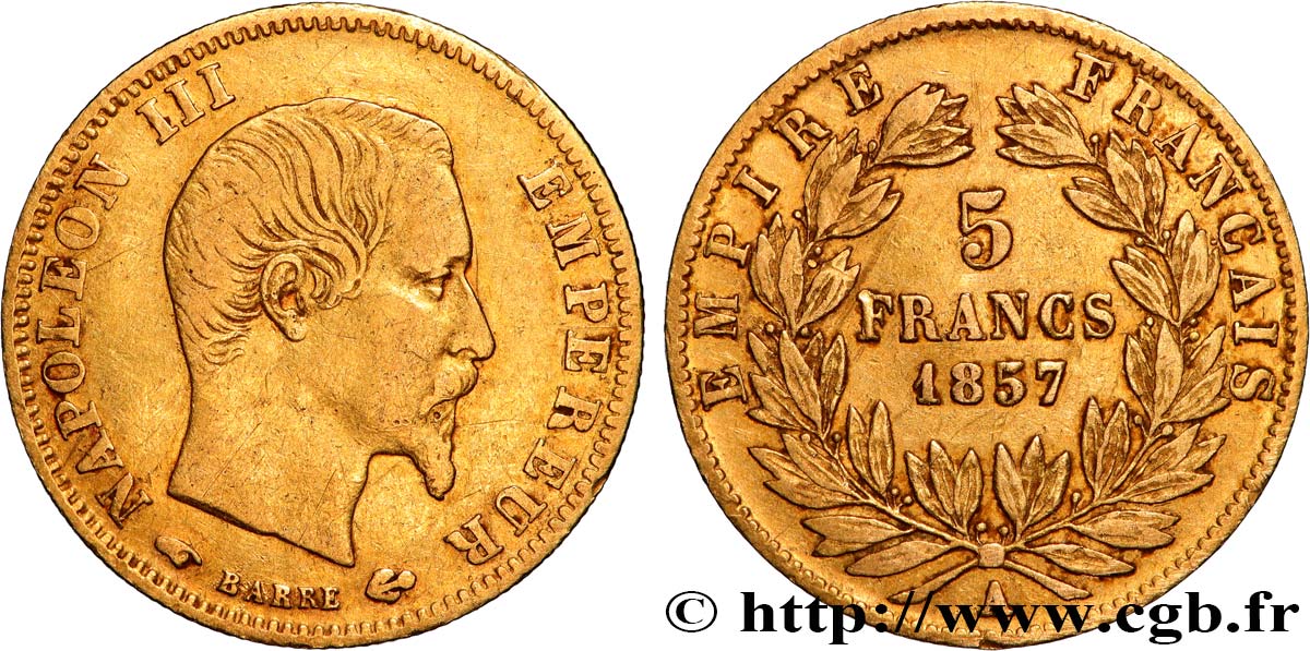 5 francs or Napoléon III, tête nue, grand module 1857 Paris F.501/4 BC+ 