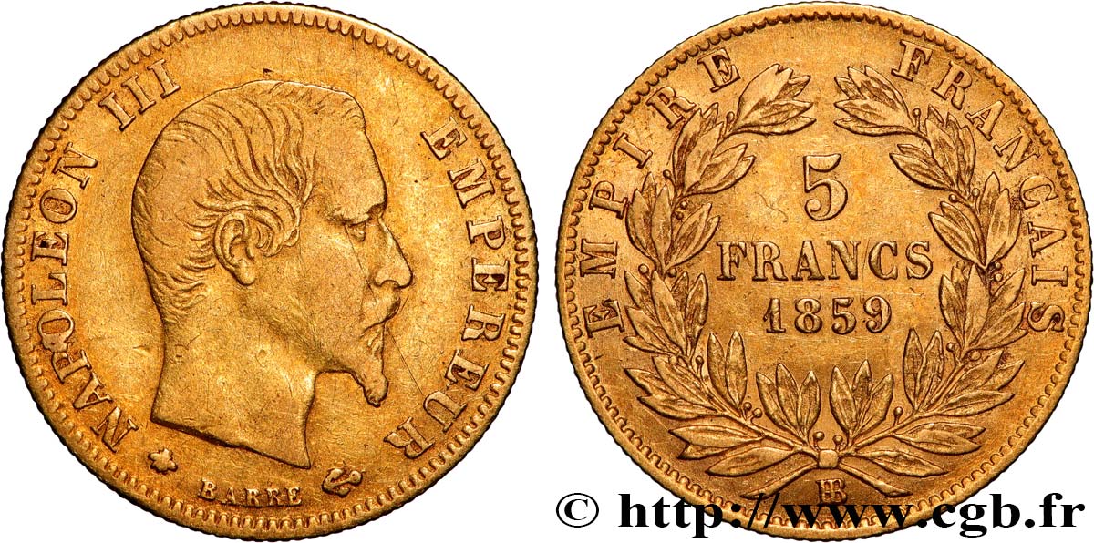 5 francs or Napoléon III, tête nue, grand module 1859 Strasbourg F.501/8 TB 