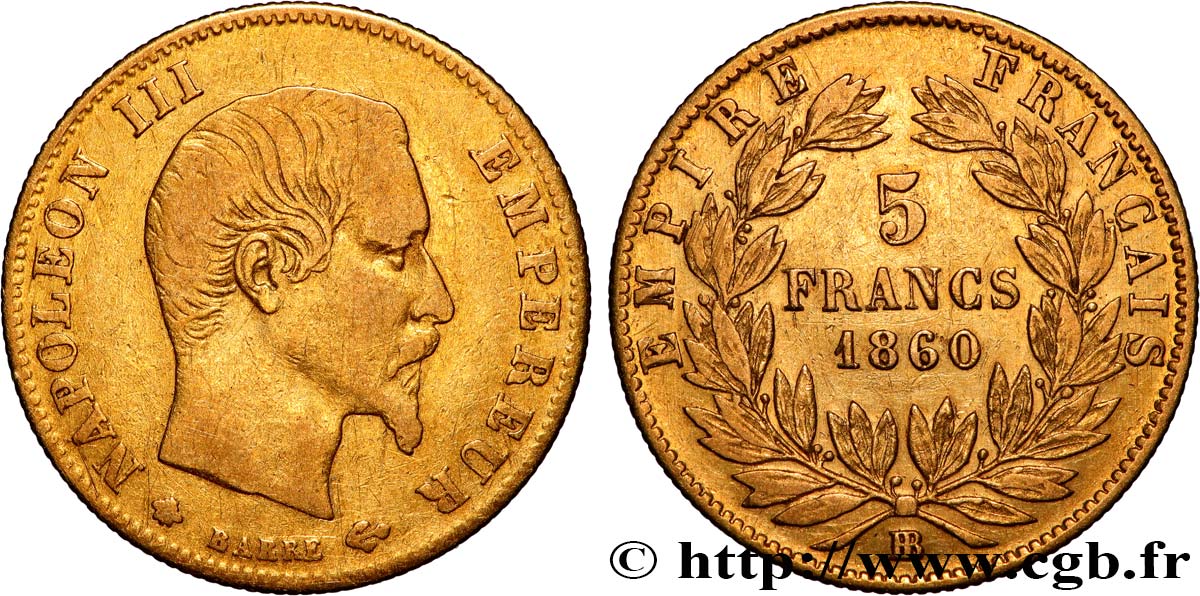 5 francs or Napoléon III tête nue, grand module 1860 Strasbourg F.501/13 TB 