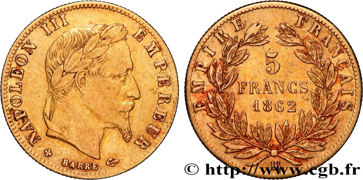 5 francs or Napoléon III, tête laurée 1862 Strasbourg F.502/2 VF 