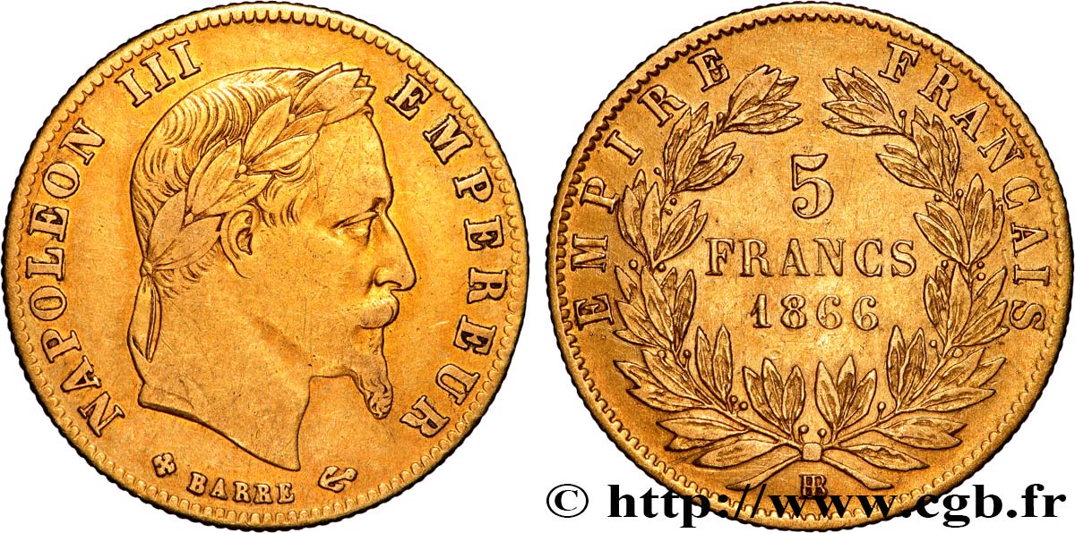 5 francs or Napoléon III, tête laurée 1866 Strasbourg F.502/10 VF 