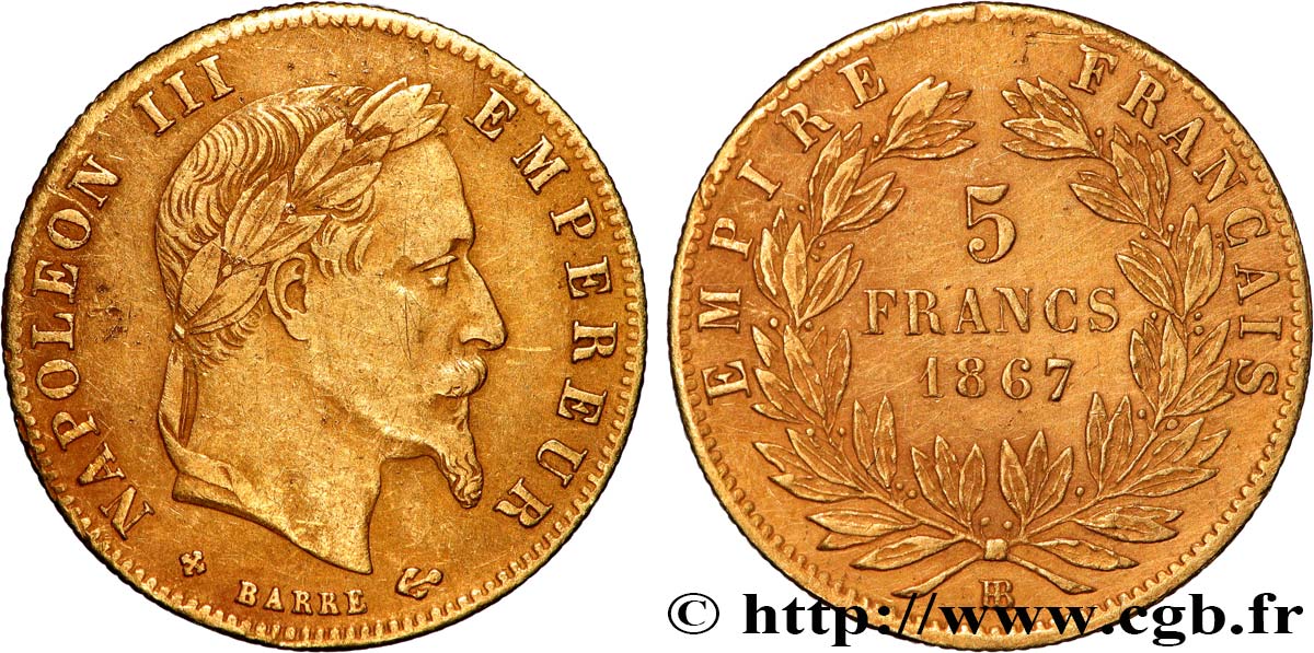 5 francs or Napoléon III, tête laurée 1867 Strasbourg F.502/12 TB+ 