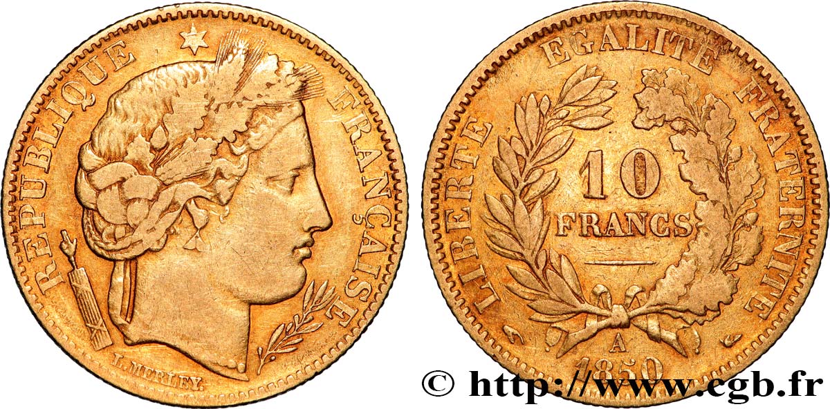 10 francs or Cérès, IIe République, levrette oreille haute 1850 Paris F.504/1 TB 