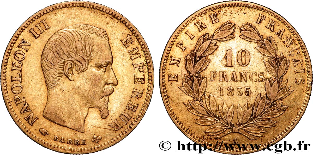 10 francs or Napoléon III, tête nue, grand module 1855 Paris F.506/1 MBC 