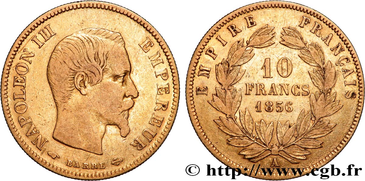 10 francs or Napoléon III, tête nue 1856 Paris F.506/3 VF 