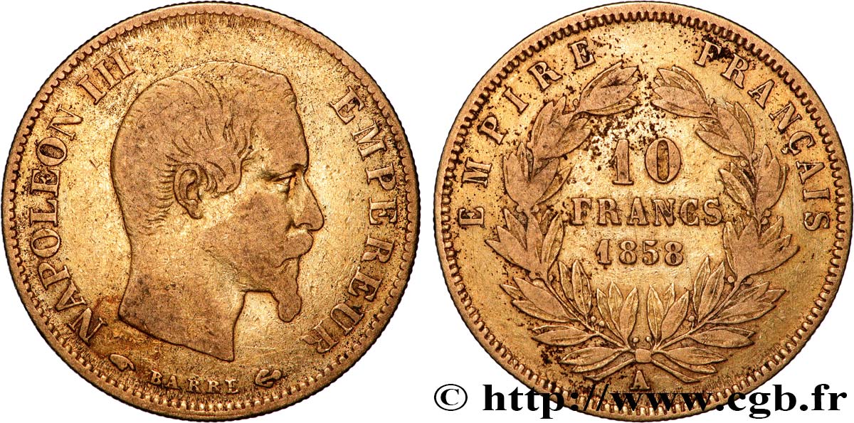 10 francs or Napoléon III, tête nue, grand module 1858 Paris F.506/5 TB 