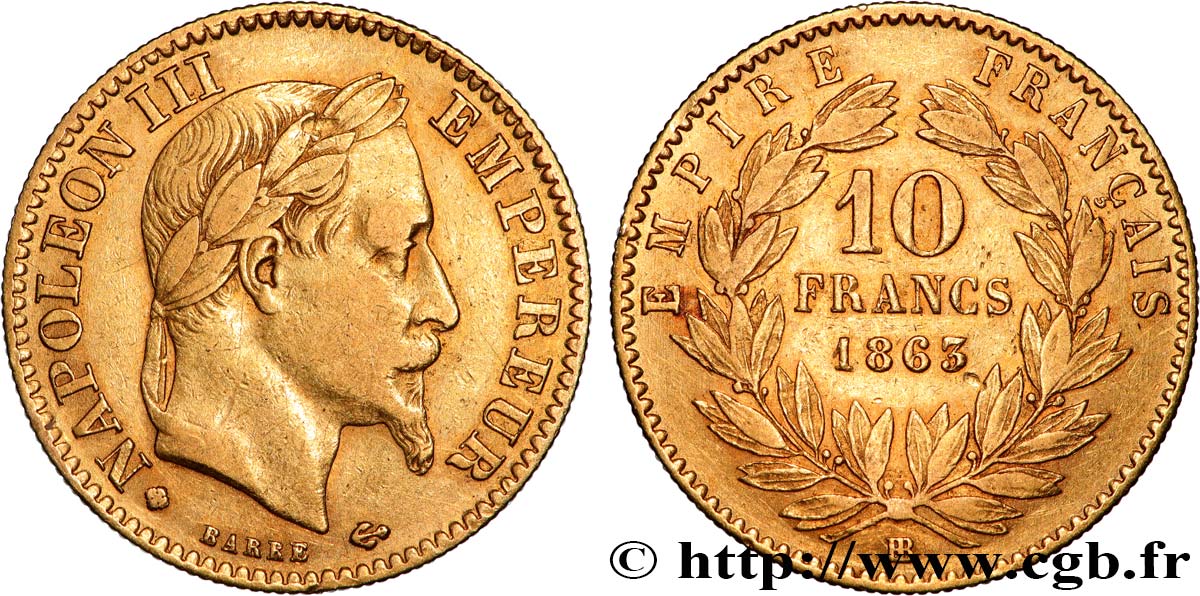 10 francs or Napoléon III, tête laurée, type définitif à grand 10 1863 Strasbourg F.507A/4 TB 
