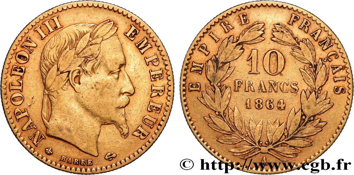 10 francs or Napoléon III, tête laurée, type définitif à grand 10 1864 Paris F.507A/6 VF 