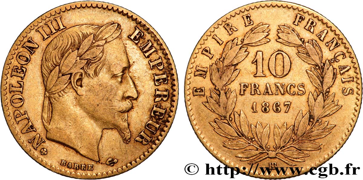 10 francs or Napoléon III, tête laurée 1867 Strasbourg F.507A/16 q.BB 