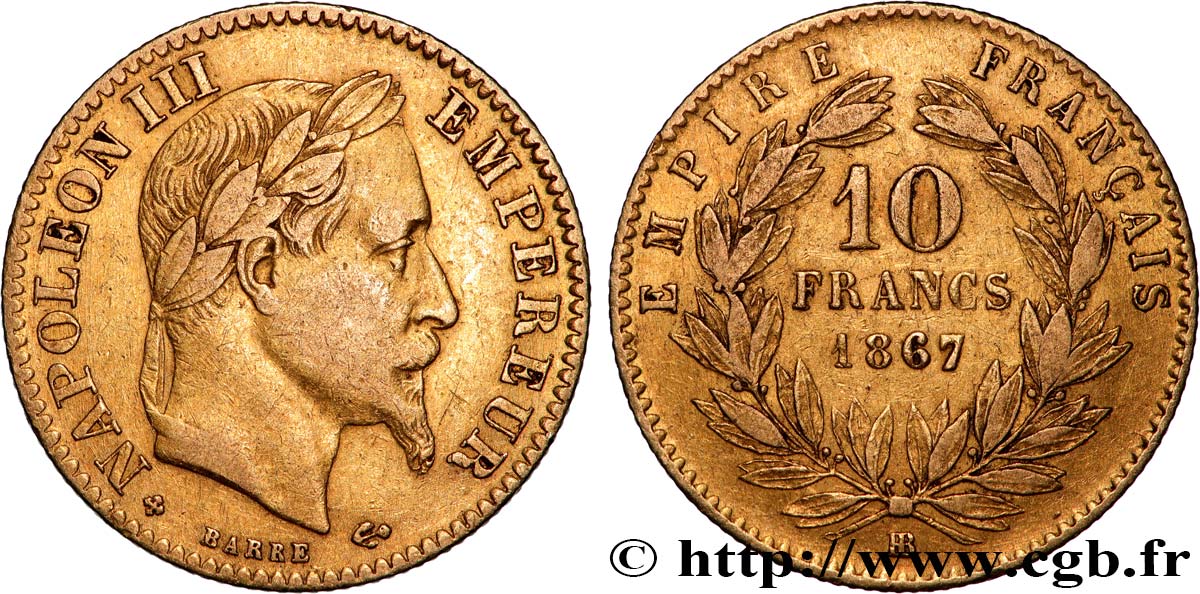 10 francs or Napoléon III, tête laurée 1867 Strasbourg F.507A/16 q.BB 