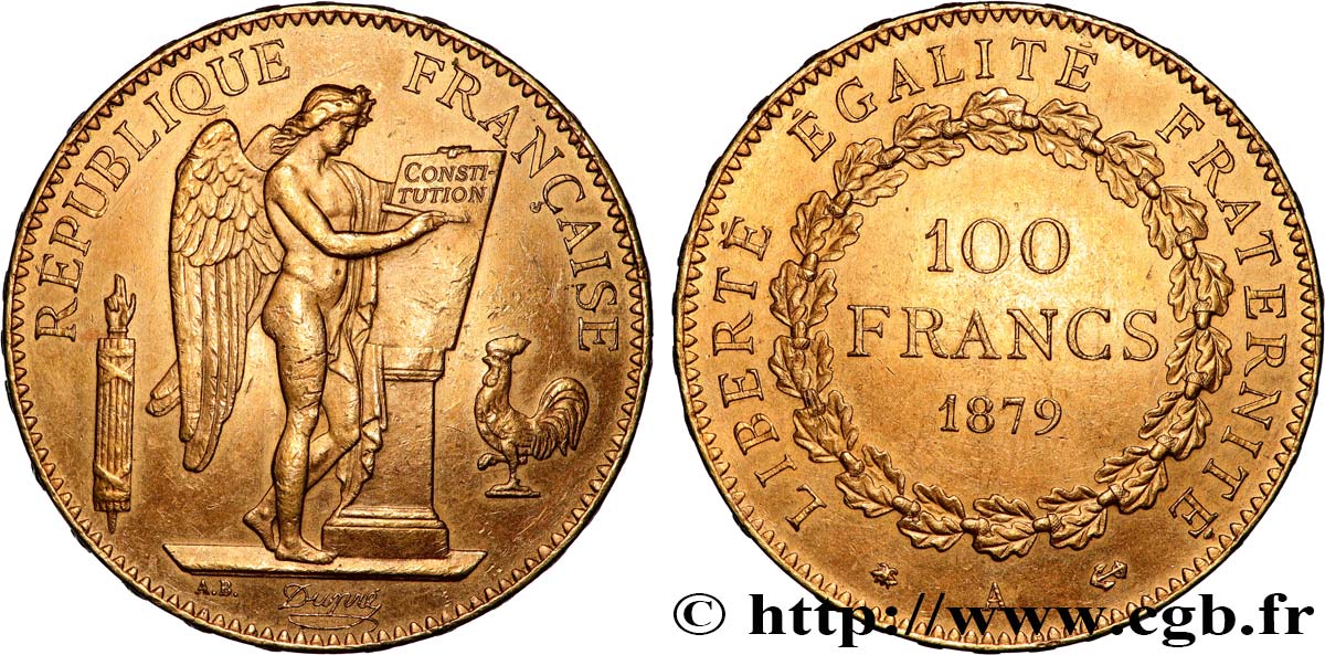 100 francs or Génie, tranche inscrite en relief Dieu protège la France 1879 Paris F.552/3 VZ 