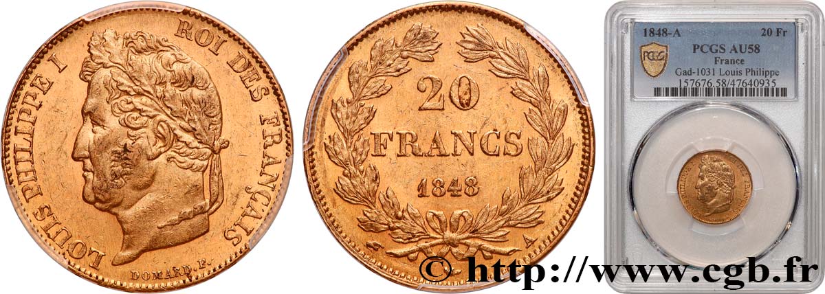 20 francs or Louis-Philippe, Domard 1848 Paris F.527/38 EBC58 PCGS