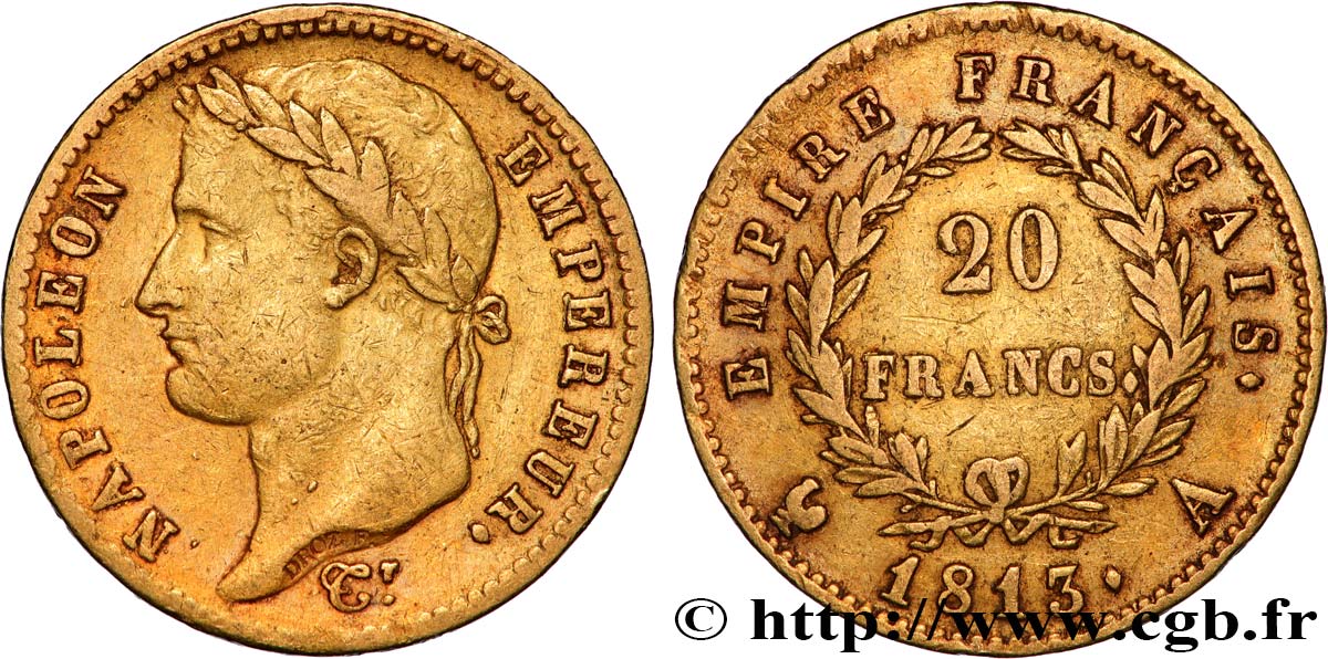 20 francs or Napoléon tête laurée, Empire français 1813 Paris F.516/30 VF 