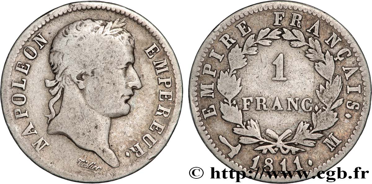 1 franc Napoléon Ier tête laurée, Empire français 1811 Toulouse F.205/36 MB20 