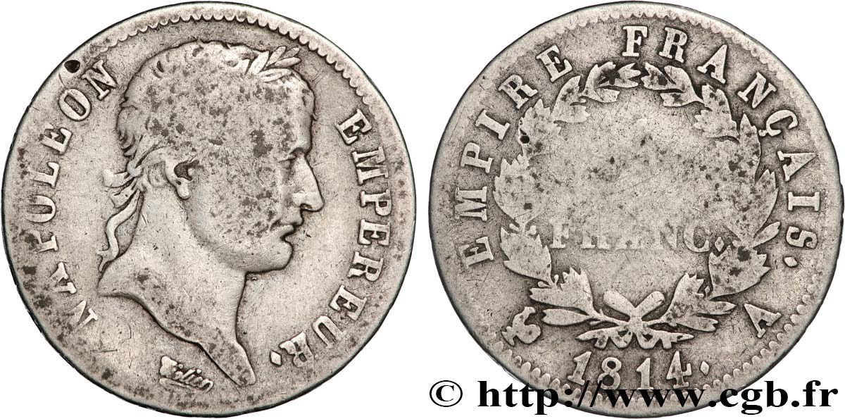1 franc Napoléon Ier tête laurée, Empire français 1814 Paris F.205/74 VG 