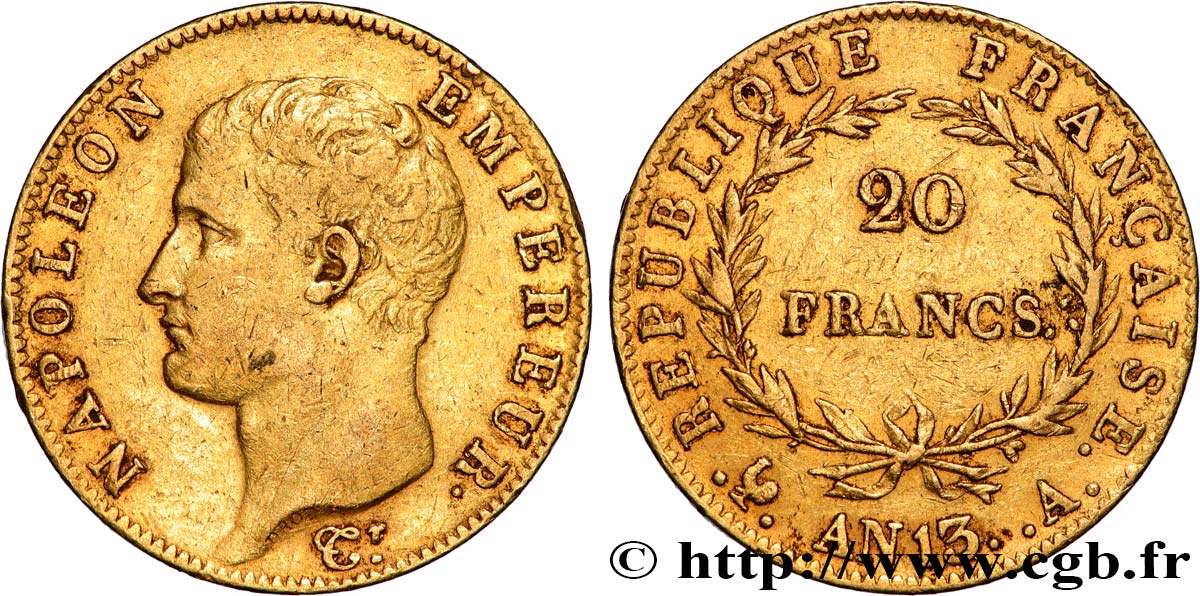 20 francs or Napoléon tête nue, Calendrier révolutionnaire 1805 Paris F.512/1 MBC 