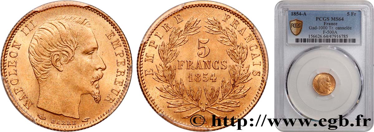 5 francs or Napoléon III, tête nue, petit module, tranche cannelée 1854 Paris F.500A/1 SPL64 PCGS
