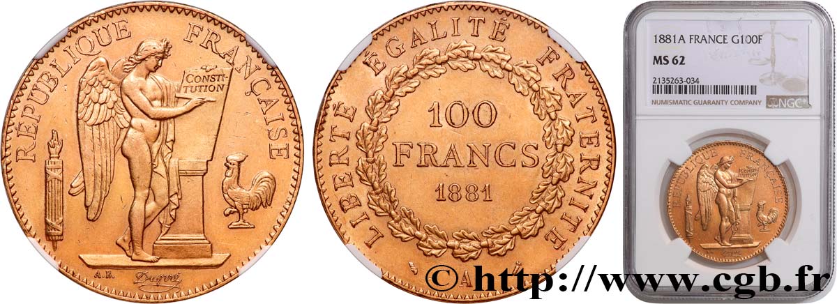 100 francs or Génie, tranche inscrite en relief Dieu protège la France 1881 Paris F.552/4 EBC62 NGC