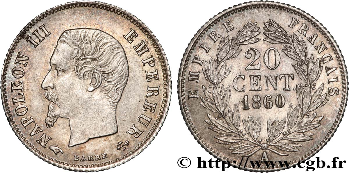 20 centimes Napoléon III, tête nue 1860 Paris F.148/14 SUP60 