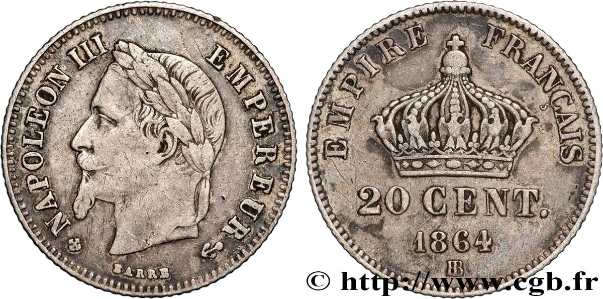 20 centimes Napoléon III, tête laurée, petit module 1864 Strasbourg F.149/2 S 