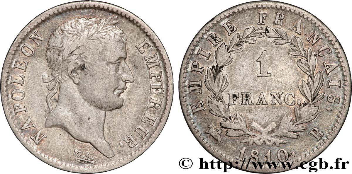 1 franc Napoléon Ier tête laurée, Empire français 1810 Rouen F.205/14 MB 