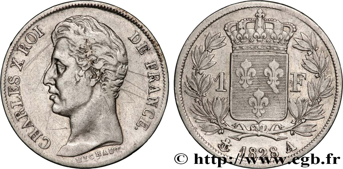 1 franc Charles X, matrice du revers à cinq feuilles 1828 Paris F.207/37 VF 