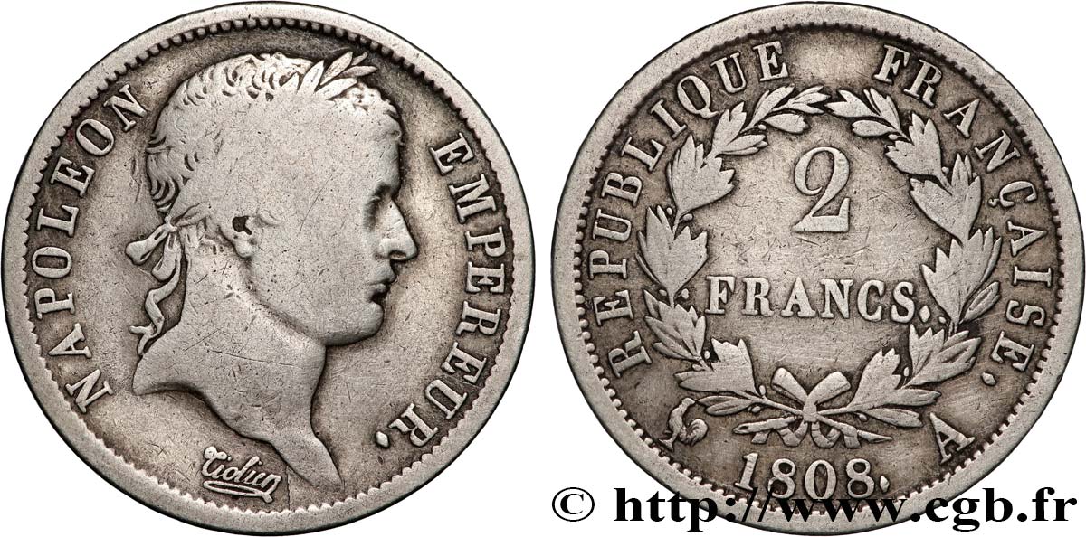 2 francs Napoléon Ier tête laurée, République française 1808 Paris F.254/4 B+ 