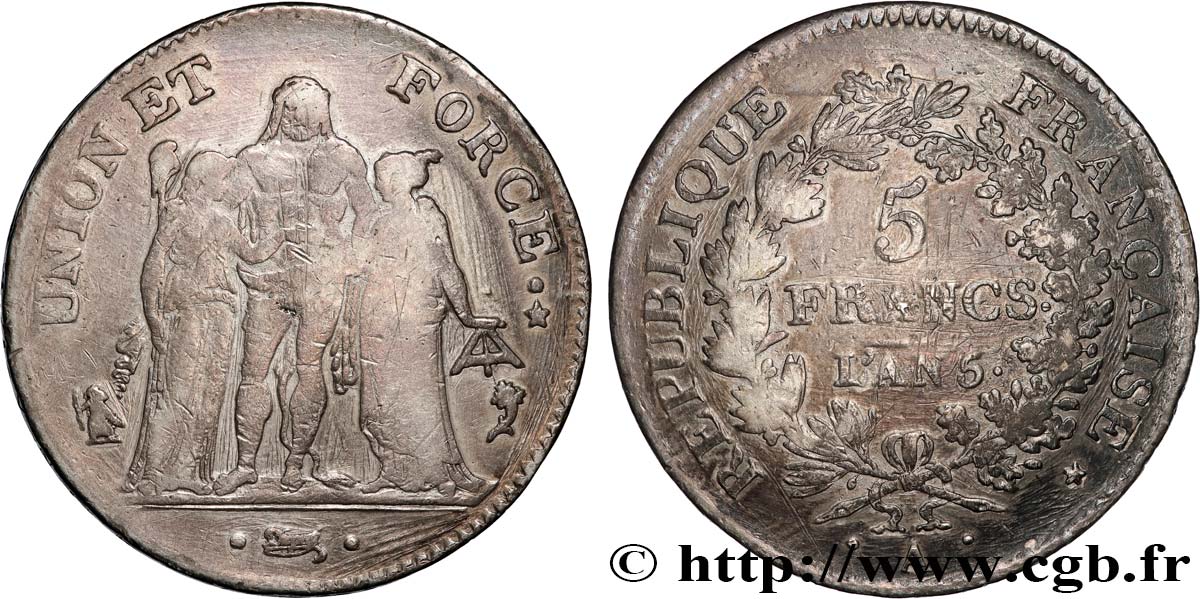 5 francs Union et Force, Union serré, avec glands intérieurs et gland extérieur 1797 Paris F.288/9 S 