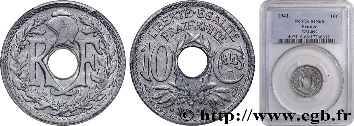 10 centimes Lindauer en zinc, Cmes souligné et millésime avec points 1941  F.140/2 MS66 PCGS