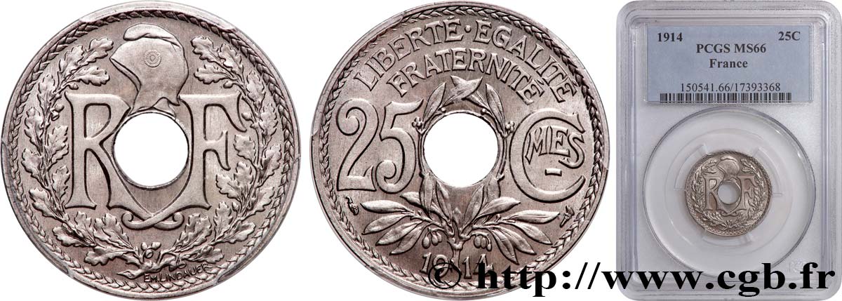 25 centimes Lindauer, Cmes souligné 1914  F.170/2 MS66 PCGS