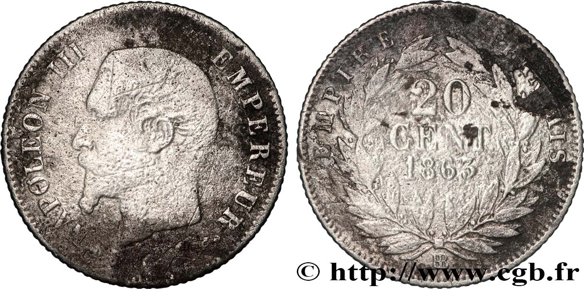 20 centimes Napoléon III, tête nue 1863 Strasbourg F.148/18 VG 