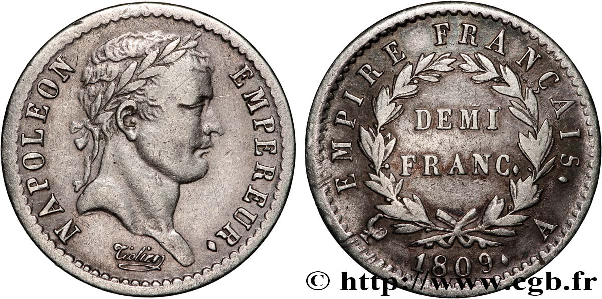 Demi-franc Napoléon Ier tête laurée, Empire français 1809 Paris F.178/1 XF 