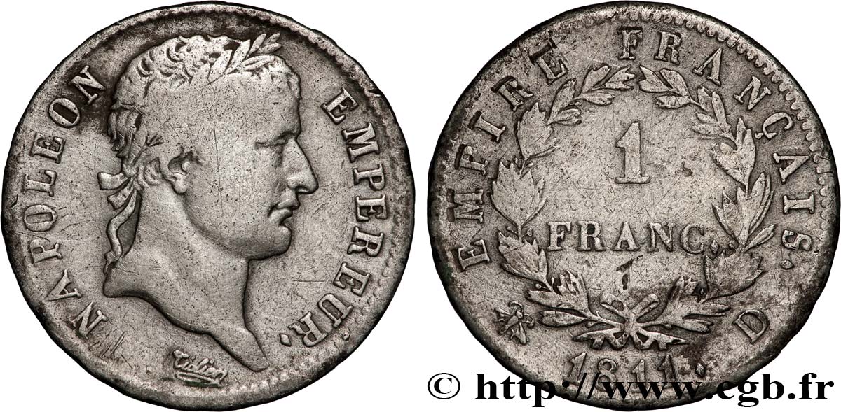 1 franc Napoléon Ier tête laurée, Empire français 1811 Lyon F.205/31 BC 