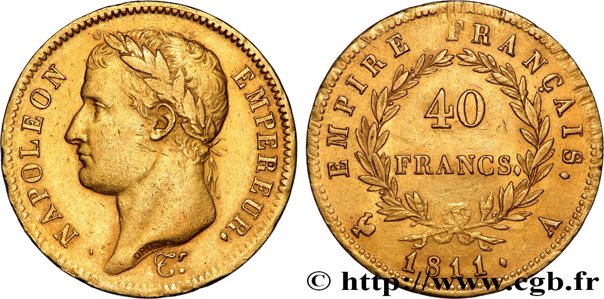 40 francs or Napoléon tête laurée, Empire français, Tranche Fautée 1811 Paris F.541/6 MBC 