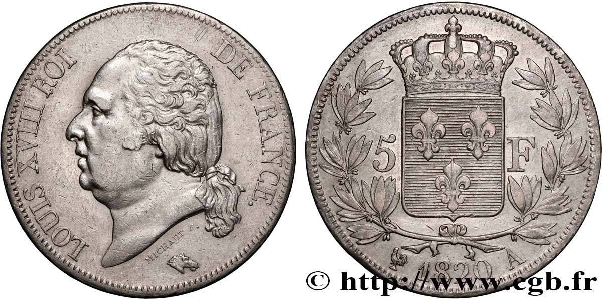 5 francs Louis XVIII, tête nue 1820 Paris F.309/49 AU 