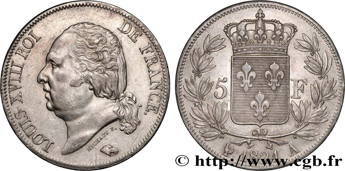 5 francs Louis XVIII, tête nue 1821 Paris F.309/60 AU 