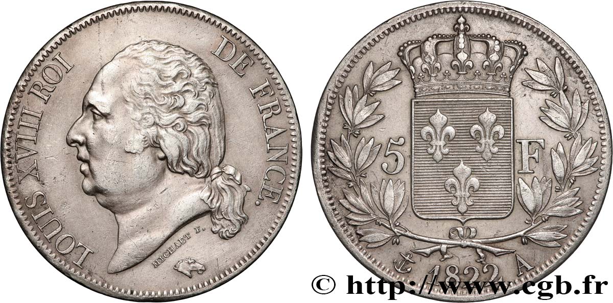 5 francs Louis XVIII, tête nue 1822 Paris F.309/68 BB 