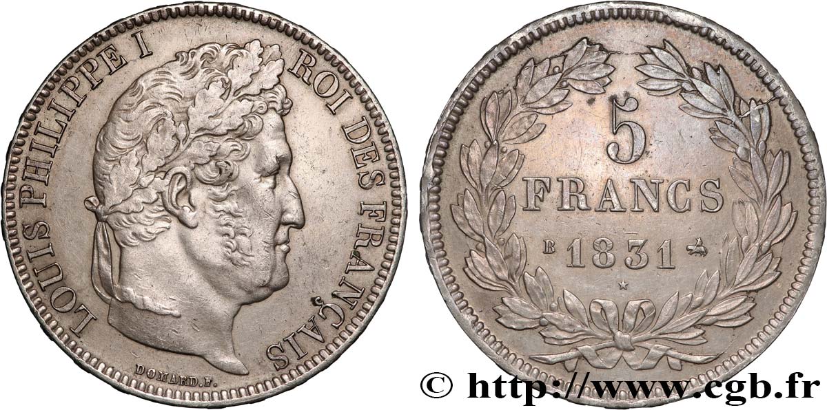 5 francs Ier type Domard, tranche en relief 1831 Rouen F.320/2 AU 