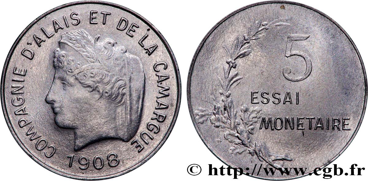 Essai en aluminium de 5 centimes, Compagnie d’Alais et de la Camargue 1908  GEM.268 1 SUP+ 