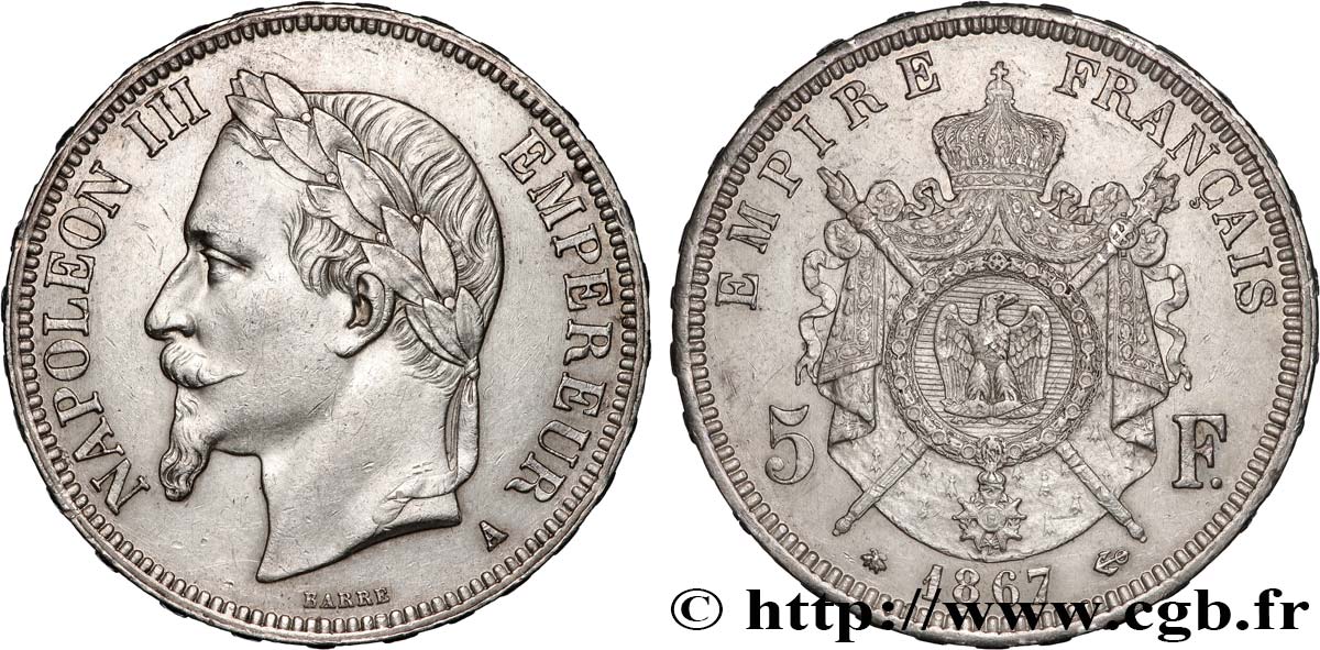 5 francs Napoléon III, tête laurée 1867 Paris F.331/10 VZ 