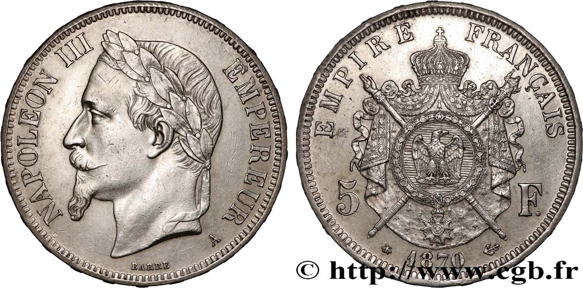 5 francs Napoléon III, tête laurée 1870 Paris F.331/16 EBC 