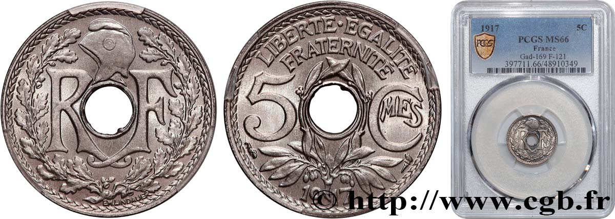 5 centimes Lindauer, grand module 1917 Paris F.121/1 MS66 PCGS