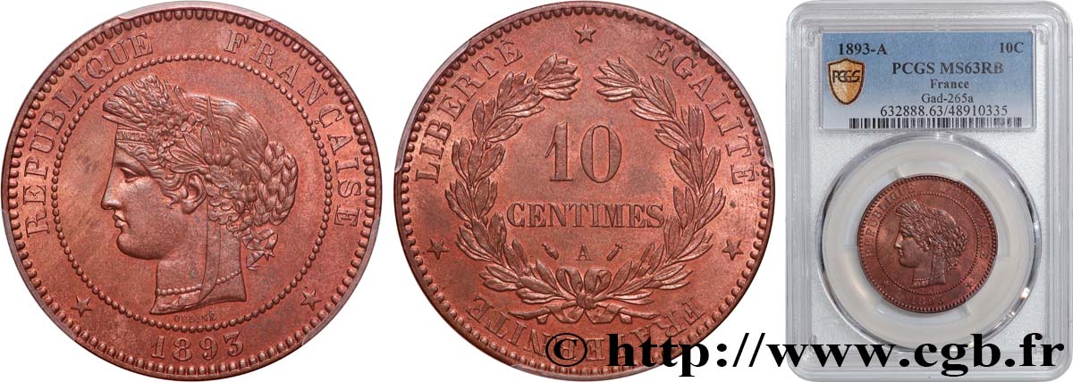 10 centimes Cérès 1893 Paris F.135/38 SPL63 PCGS