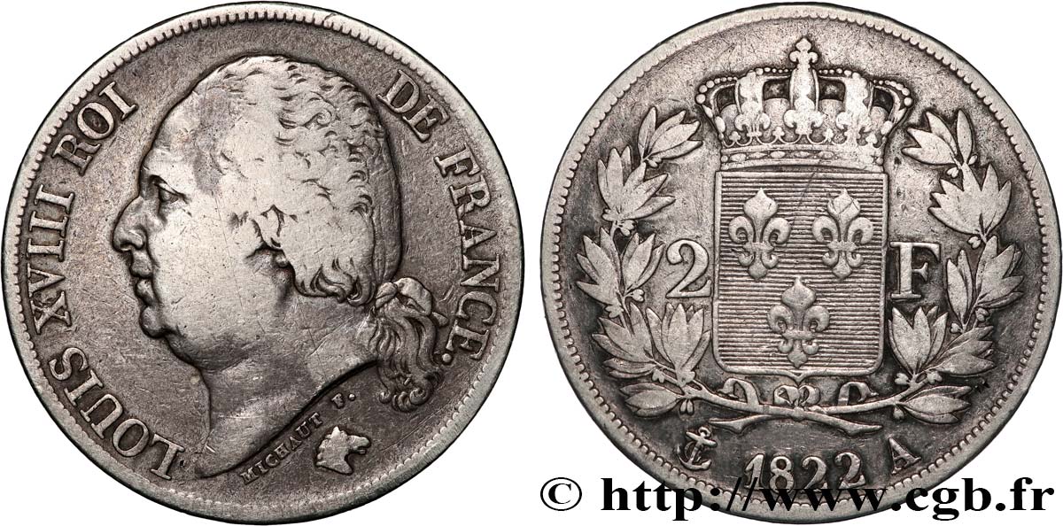 2 francs Louis XVIII 1822 Paris F.257/36 TB 