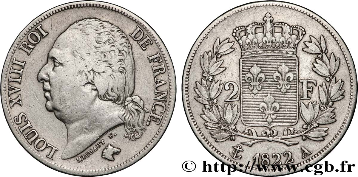 2 francs Louis XVIII 1822 Paris F.257/36 fSS 