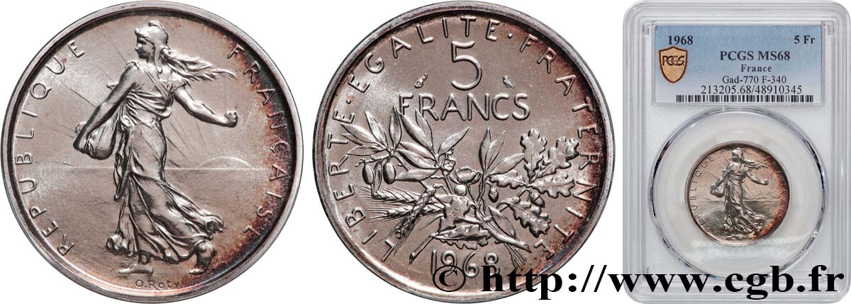5 francs Semeuse, argent 1968 Paris F.340/12 MS68 PCGS